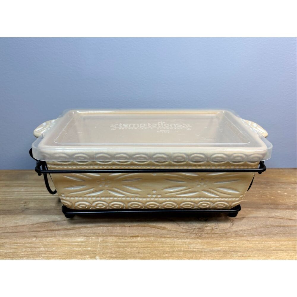 Temp-tations Carved Old World ceramic baking dish with metal serving rack and li